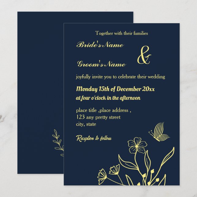 Romantische Blume aus Gold und eine Schmetterlings Einladung (Vorne/Hinten)