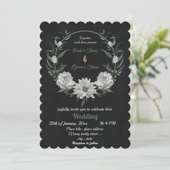 Romantische Blume botanische Schwarze Hochzeit Einladung (Stehend Vorderseite)