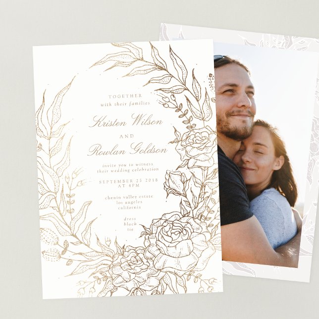 Romantische Blume Gold Wreath Foto Hochzeit Einladung (Von Creator hochgeladen)