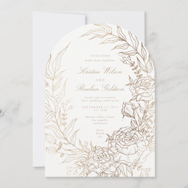 Romantische Blume Goldene Wraath-Arch-Hochzeit Einladung (Vorderseite)