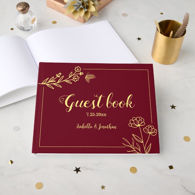 Romantische Blume goldfarben burgundische Hochzeit Gästebuch (Vorderseite Offen)