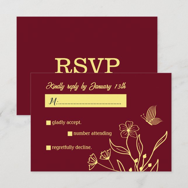 Romantische Blume goldfarben burgundische Hochzeit RSVP Karte (Vorne/Hinten)