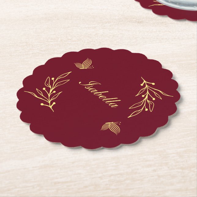 Romantische Blume goldfarben burgundische Hochzeit Untersetzer (angewinkelt)