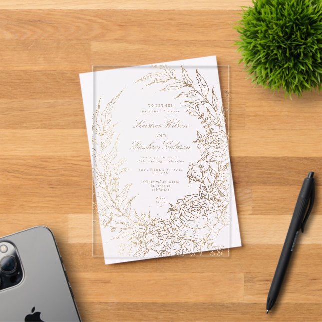 Romantische Blume-Goldkäfer-Hochzeit Acryleinladungen (Insitu (Einladungskarte))