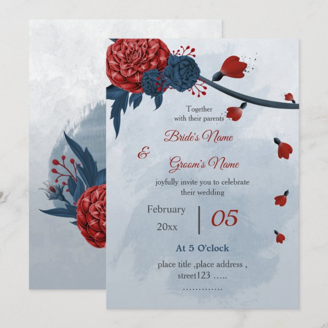 romantische Blume Hochzeit der Marine und Bordeaux Einladung (Vorne/Hinten)