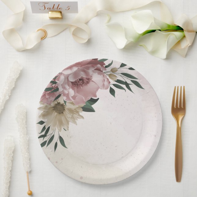 Romantische Blume in Rosa und Champagner Pappteller (Hochzeit)