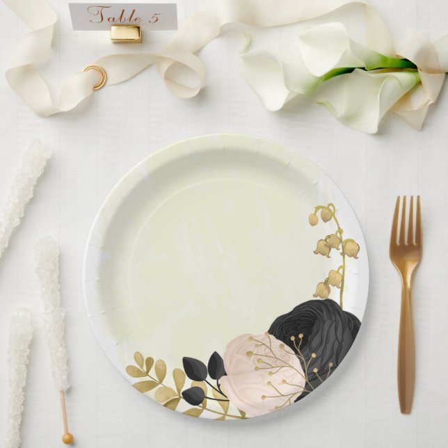 Romantische Blume in Rosa und Schwarz Pappteller (Hochzeit)