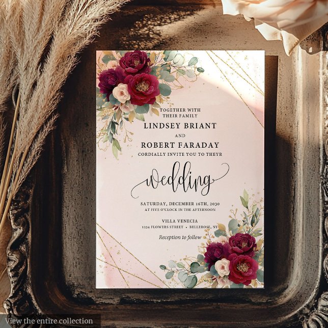 Romantische Blume Maroon Gold Blush Einladung (Romantic Maroon Gold Blush Flowers Elegant Wedding Invitation)