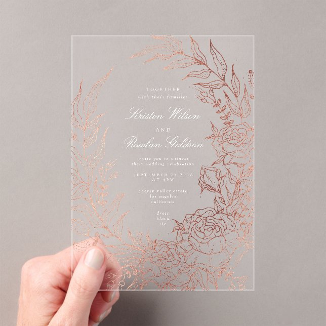 Romantische Blume Roes Gold Wreath Wedding Acryleinladungen (Insitu (Handheld))