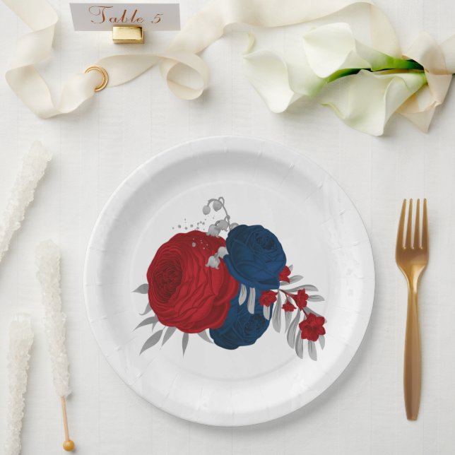 Romantische Blume Rot & Marine Pappteller (Hochzeit)