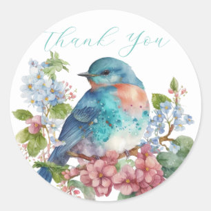 Romantische Blume und blauer Vogel vielen Dank Runder Aufkleber