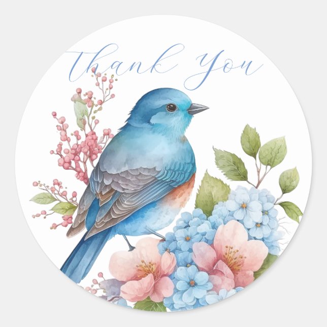 Romantische Blume und blauer Vogel vielen Dank Runder Aufkleber (Vorderseite)