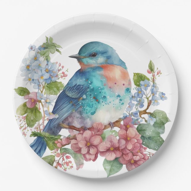 Romantische Blume und Blauvogel Pappteller (Vorderseite)