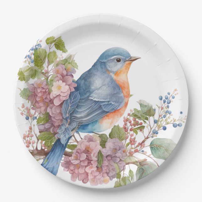 Romantische Blume und Blauvogel Pappteller (Vorderseite)