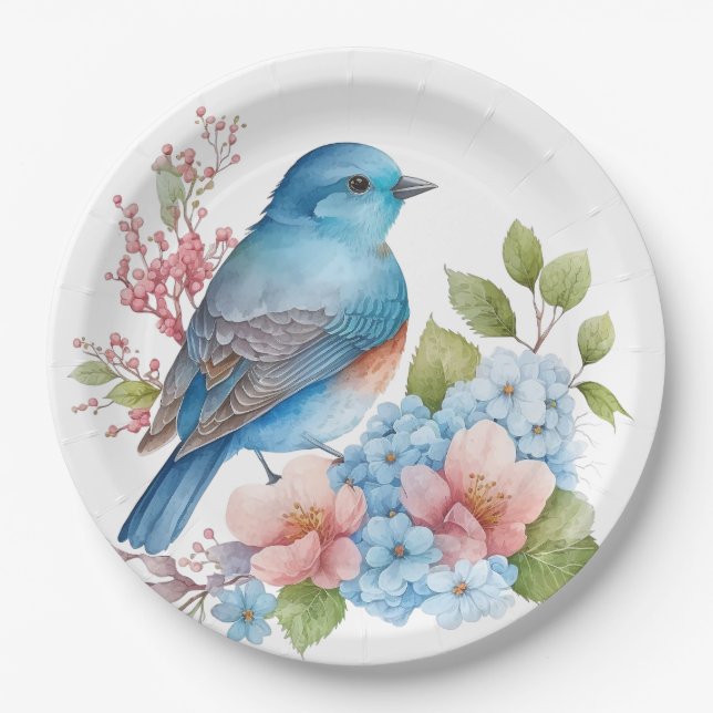 Romantische Blume und Blauvogel Pappteller (Vorderseite)