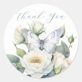 Romantische Blume und weißer Schmetterling Danke Runder Aufkleber