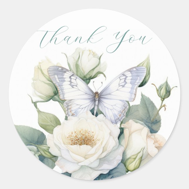 Romantische Blume und weißer Schmetterling Danke Runder Aufkleber (Vorderseite)