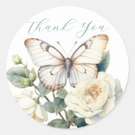Romantische Blume und weißer Schmetterling Danke Runder Aufkleber