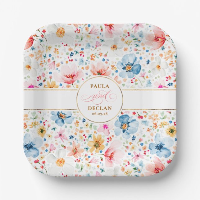 Romantische Blume Wasserfarbe Boho Garden Hochzeit Pappteller (Vorderseite)