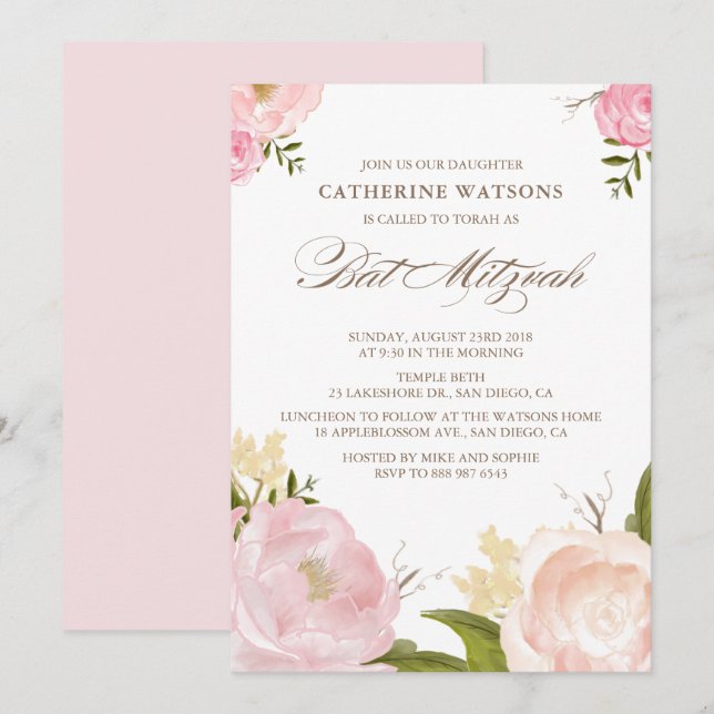 Romantische Blume Wasserfarben Bat Mitzvah Einladu Einladung (Vorne/Hinten)