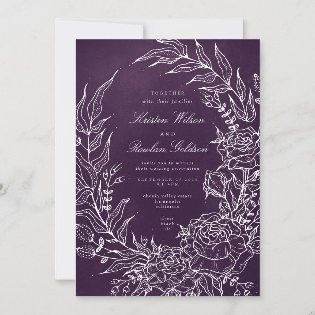 Romantische Blume Wreath Lila Hochzeitseinladung Einladung (Vorderseite)