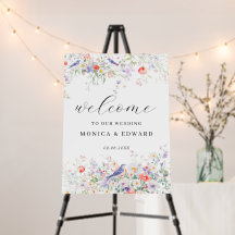 Romantische Blumen & Blaue Vögel Hochzeits-Willkom