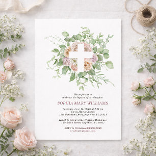 Romantische Blumen & Mädchen-Taufe mit weißem Kreu Einladung
