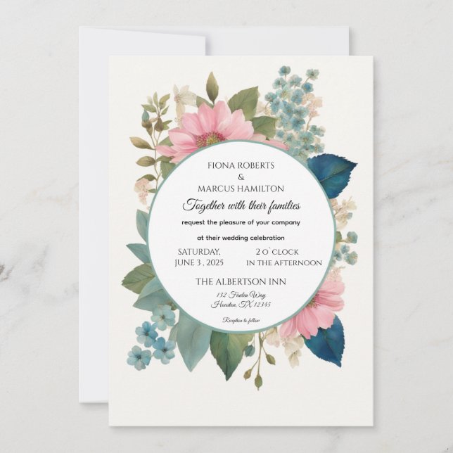 Romantische Blumen & Minimalistische Hochzeit Einladung (Vorderseite)