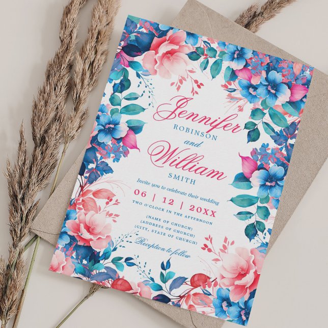 Romantische Blumenblütenblüte Hochzeit mit QR-UAWG Einladung (Romantic Floral Vibrant Blue Wedding w/ QR RSVP Invitation)