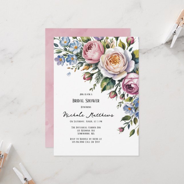 Romantische Blumenbouquet Brunch & Bubbly Einladung (Vorderseite/Rückseite Beispiel)