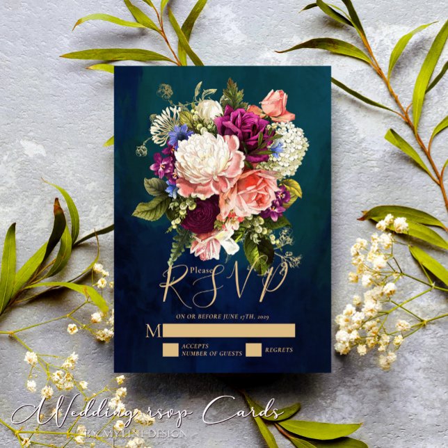 Romantische Blumenbouquet Emerald Green Gold Hochz RSVP Karte (Von Creator hochgeladen)