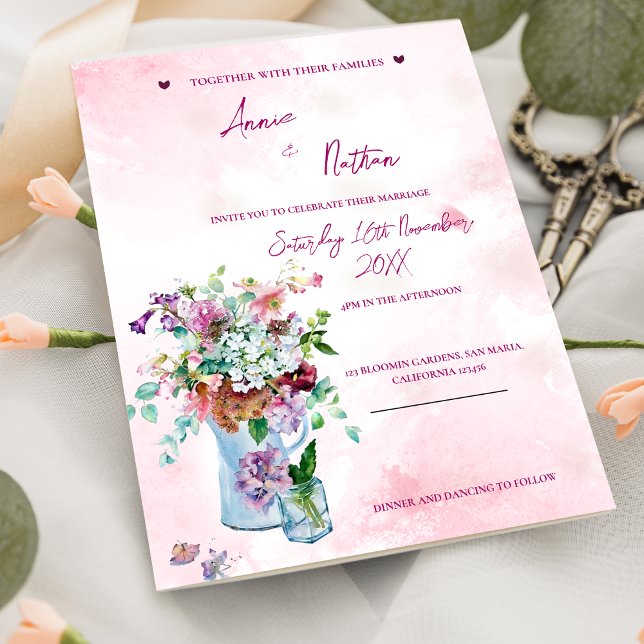Romantische BlumenBouquet Pink Hochzeitseinladung Postkarte (Romantic Floral Bouquet Pink Wedding Invitation Postcard)