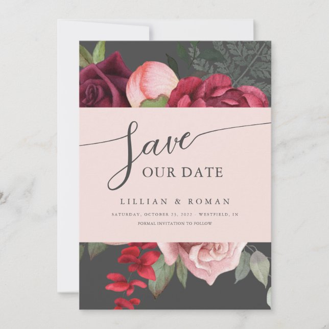 Romantische Blumenbridal Bouquet Pink & Gray Weddi Save The Date (Vorderseite)