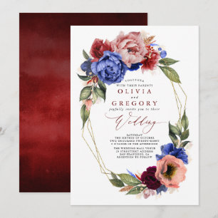 Romantische Blumenhochzeit in Burgund Rot und Navy Einladung