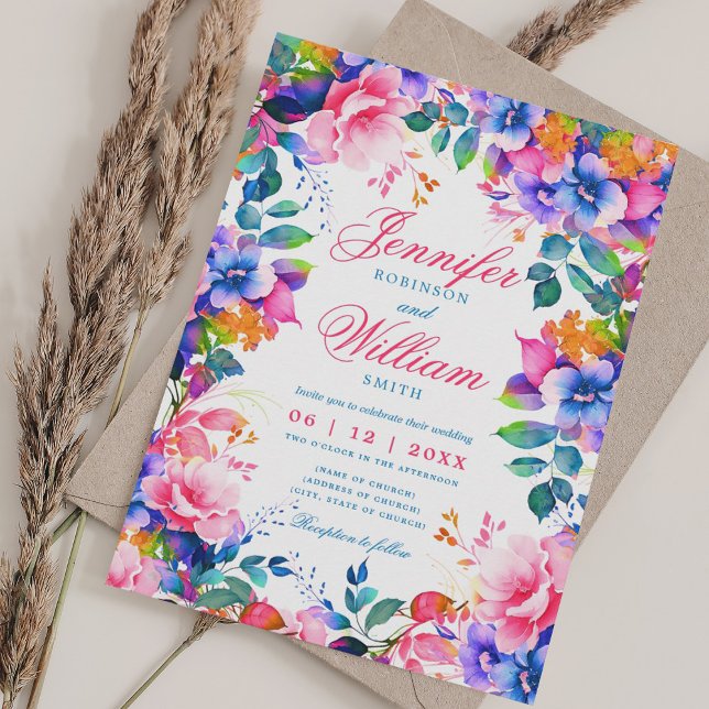 Romantische Blumenzwiebelblume Regenbogen Elegante Einladung (Romantic Floral Vibrant Rainbow Elegant Wedding Invitation)
