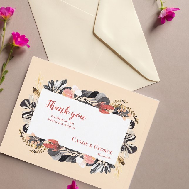 Romantische Blush & Black Floral Wedding Vielen Da Postkarte (Romantic Blush & Black Floral Wedding Thank You Postcard)