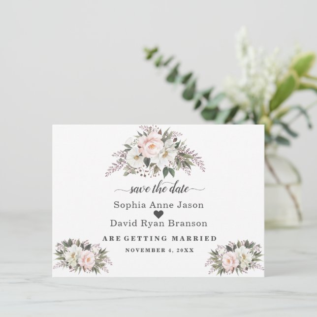 Romantische Blush ElfenbeinBlume Hochzeitkalligrap Save The Date (Stehend Vorderseite)