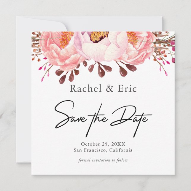 Romantische Blush Floral Save the Date Card (Vorderseite)