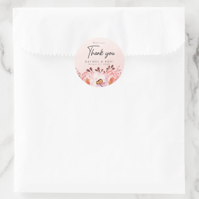 Romantische Blush Floral Wedding Danke Runder Aufkleber (Tasche)