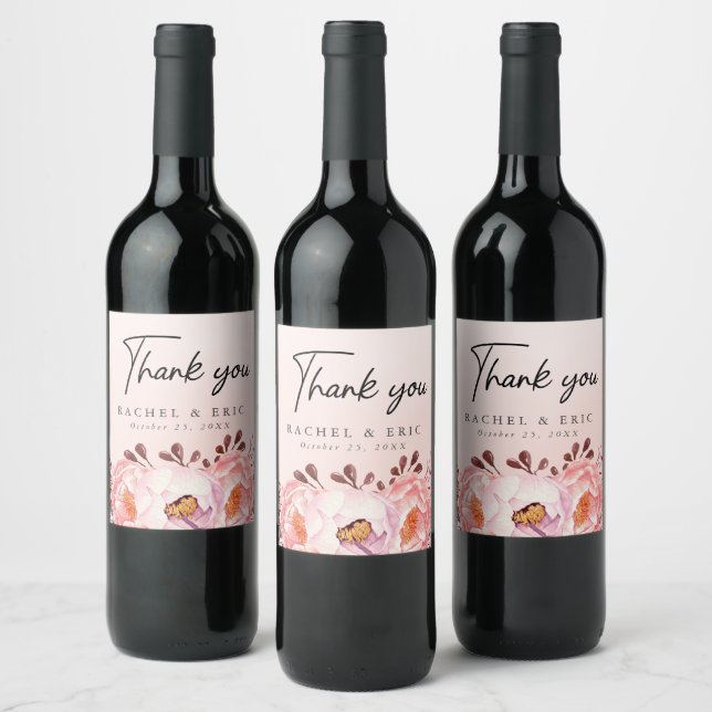 Romantische Blush Floral Wedding Danke Weinetikett (Flaschen)
