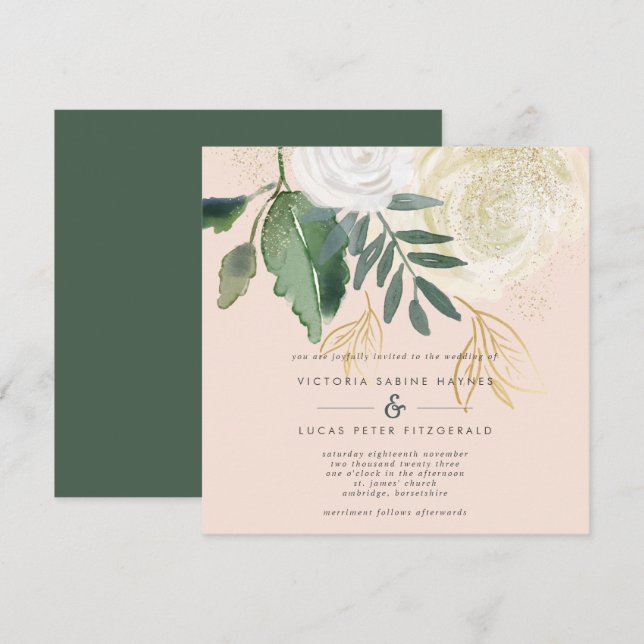 Romantische Blush & Green Square Hochzeit Einladung (Vorne/Hinten)