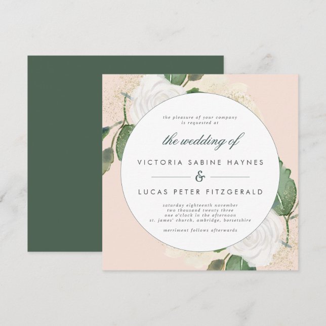 Romantische Blush & Green Wedding Einladung (Vorne/Hinten)