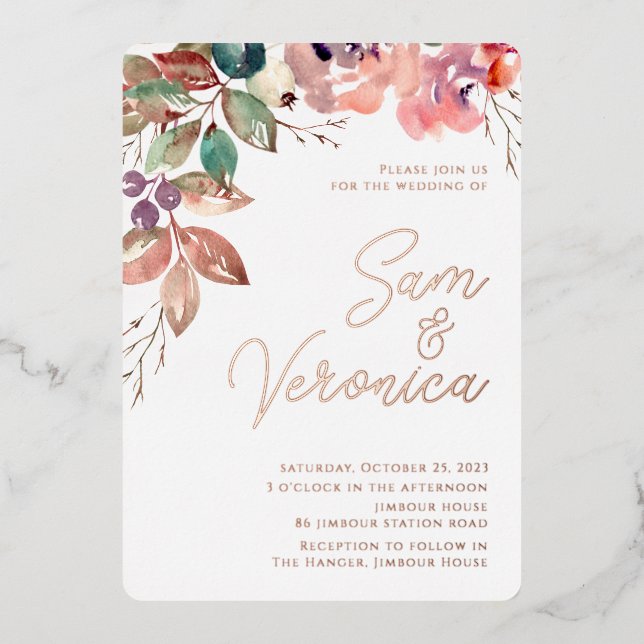 Romantische Blush Mauve Wasserfarbe Rose Gold Folieneinladung (Vorderseite)