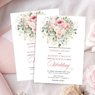 Romantische Blush-Pfingstrosen Grün Gold Hochzeit Einladung