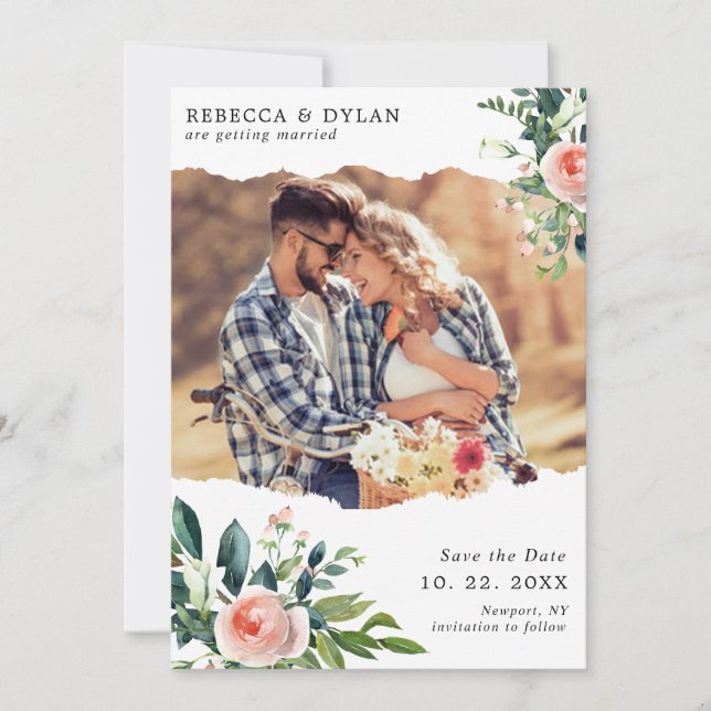 Romantische Blush Pink Bläserntes Foto Hochzeit Save The Date (Vorderseite)