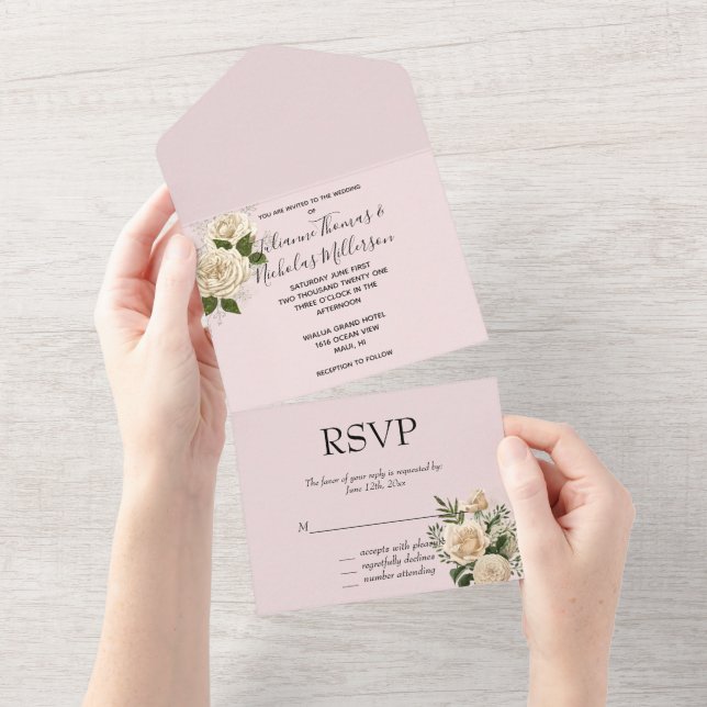 Romantische Blush Pink Elfenbeinblume Hochzeit All In One Einladung (Abreißen)