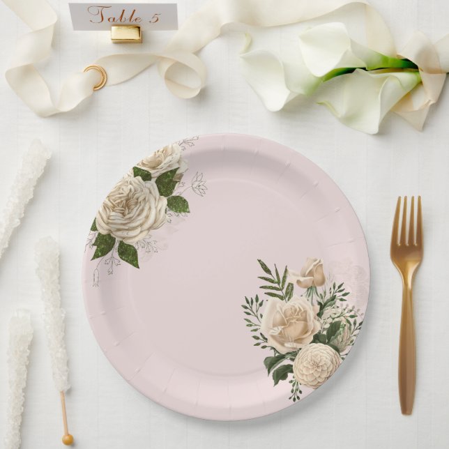 Romantische Blush Pink Elfenbeinblume Hochzeit Pappteller (Hochzeit)