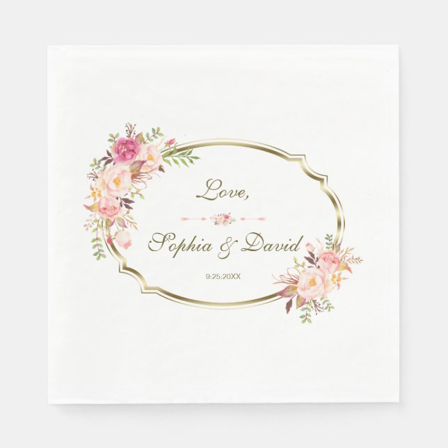 Romantische Blush Pink Floral Gold Rahmen Hochzeit Serviette (Vorderseite)