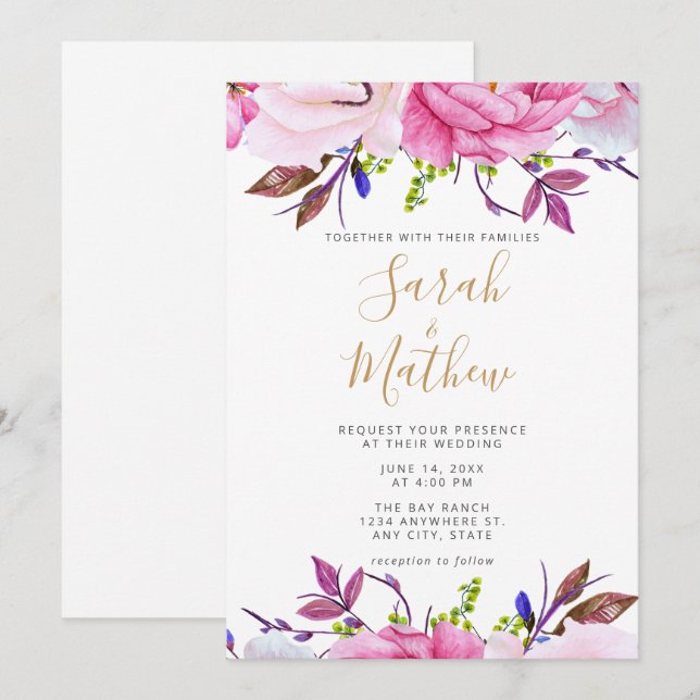 Romantische Blush Pink Floral Hochzeitskarte Einladung (Vorne/Hinten)