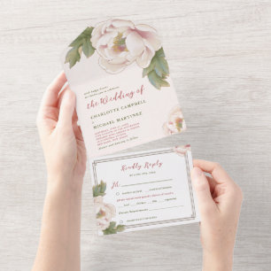 Romantische Blush Pink Peony Rose Blumenhochzeit All In One Einladung